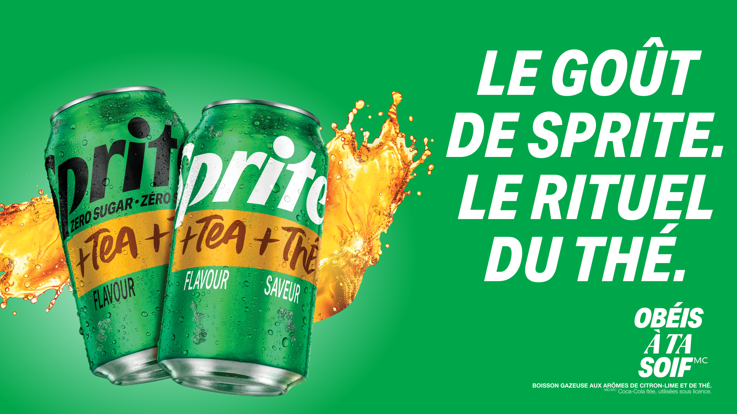 Deux canettes de Sprite + Thé éclaboussant sur un fond vert pour la bannière promotionnelle Le Goût de Sprite.