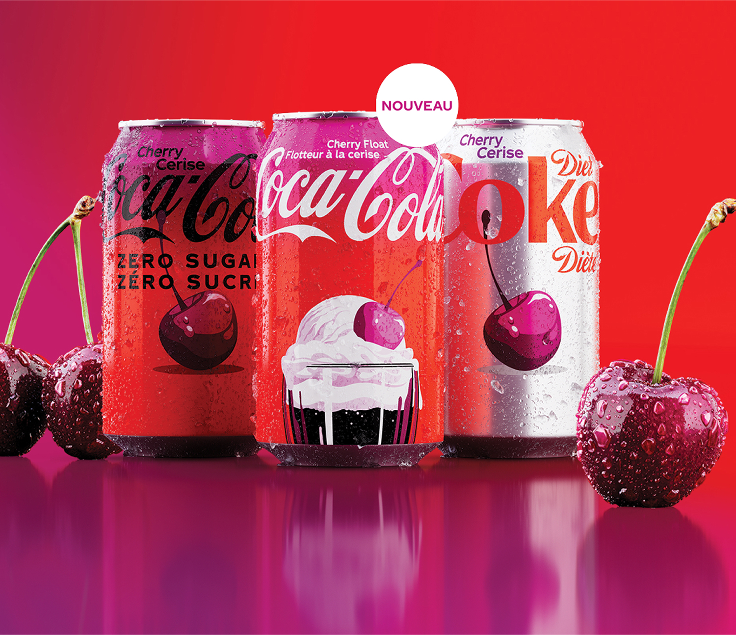 Canettes Coca-Cola Cerise, zéro sucre et Diète Coke cerise avec des cerises fraîches sur fond rose et rouge