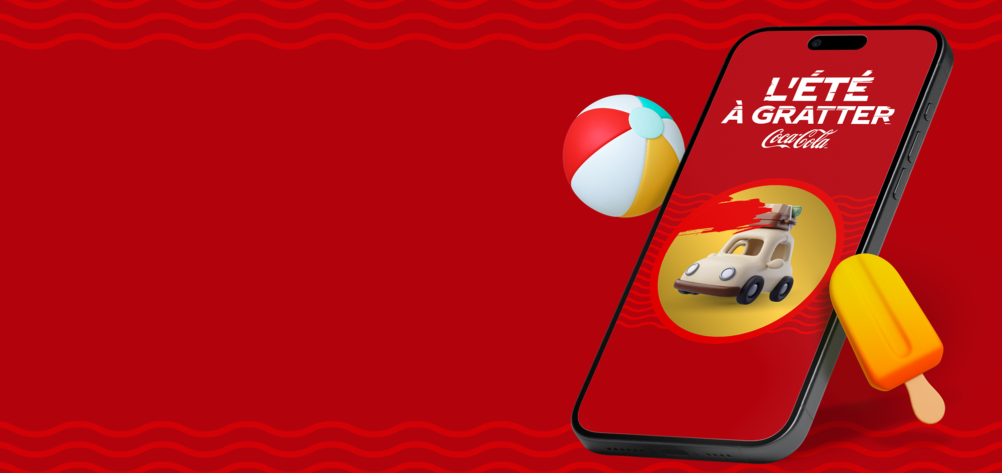 Un smartphone affichant la promo Coca-Cola L'été à gratter avec un ballon de plage 3D, une voiture et un popsicle.