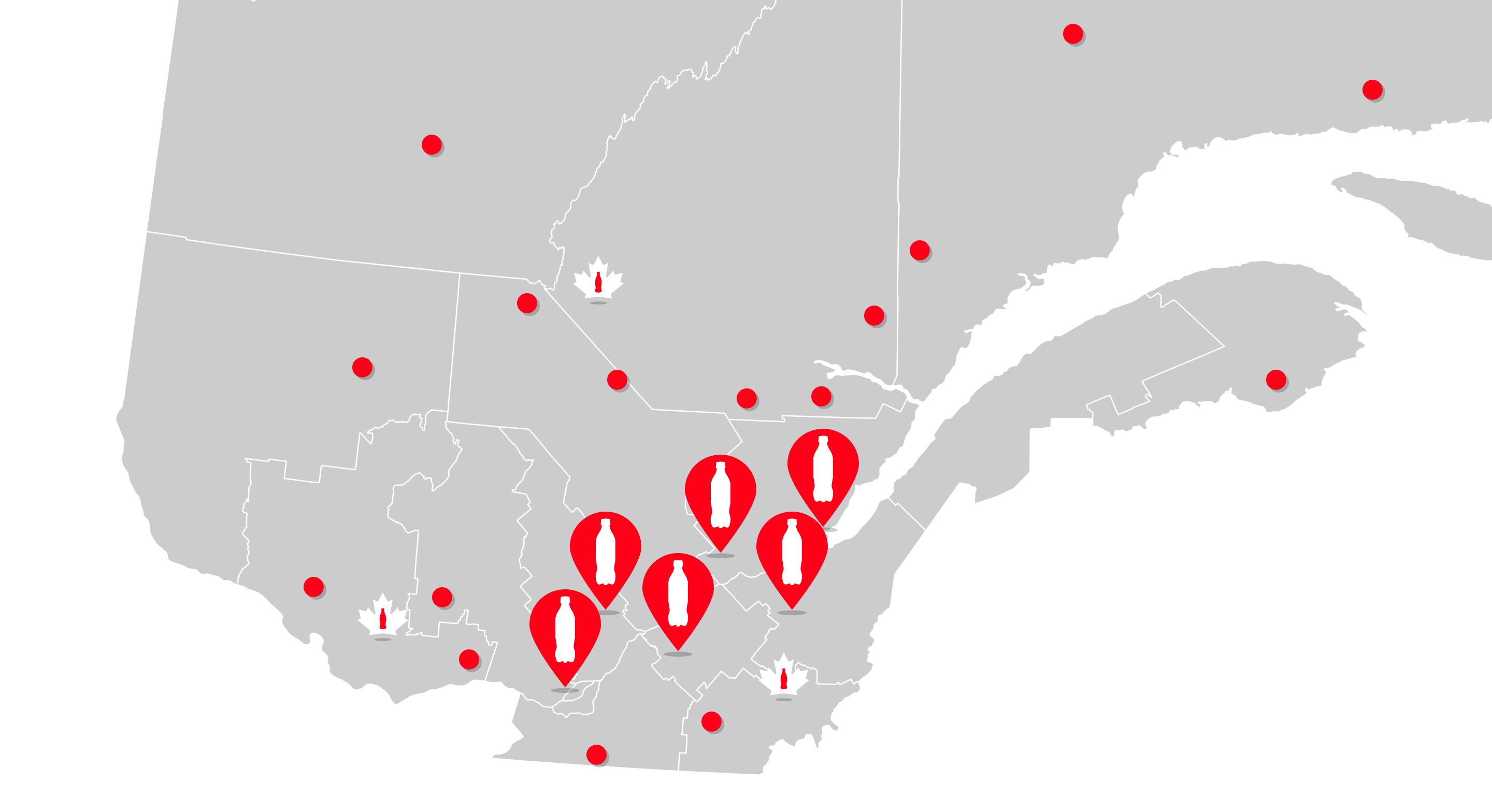 Carte de l'Est du Canada montrant les emplacements de Coca-Cola avec des épingles rouges et des icônes de bouteille.