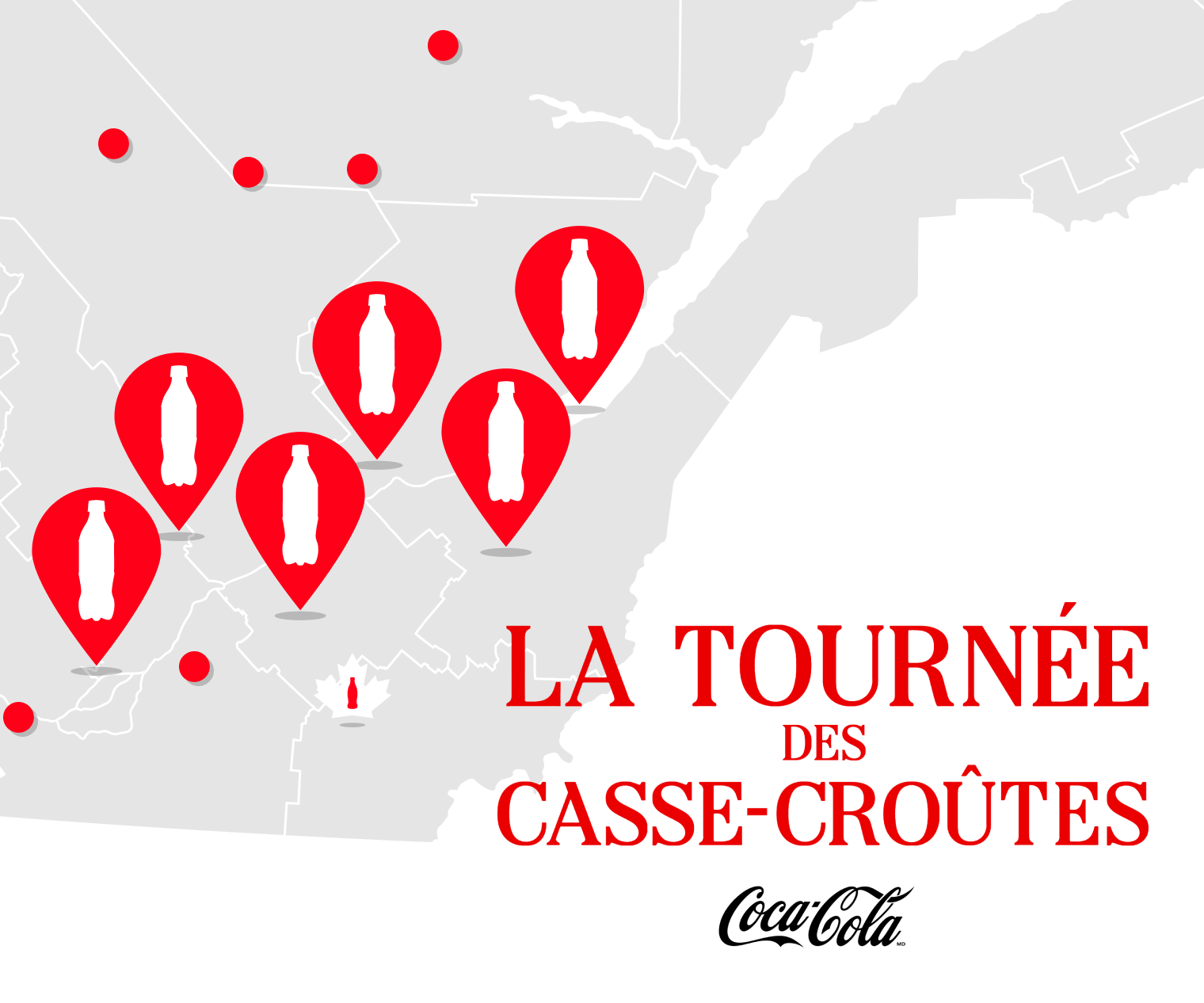 Carte du Québec illustrant La Tournée des Casse-Croûtes de Coca-Cola avec des épingles rouges marquant les emplacements participants.