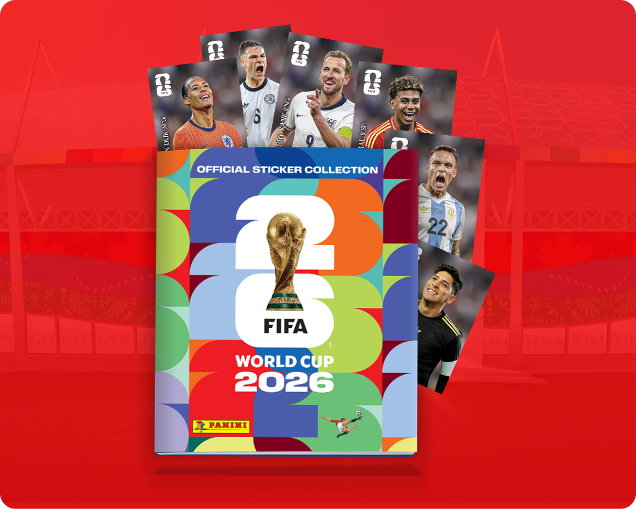 Illustration de l’album d’autocollants Panini de la Coupe du Monde de la FIFA 2026™ avec des autocollants de joueurs et les badges Google Play et App Store