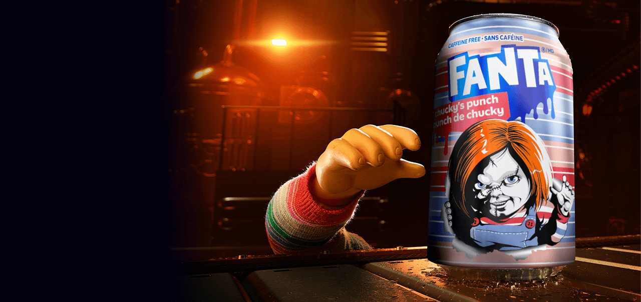 The hand of chucky from child's play reaching for the new chucky flavoured fanta can