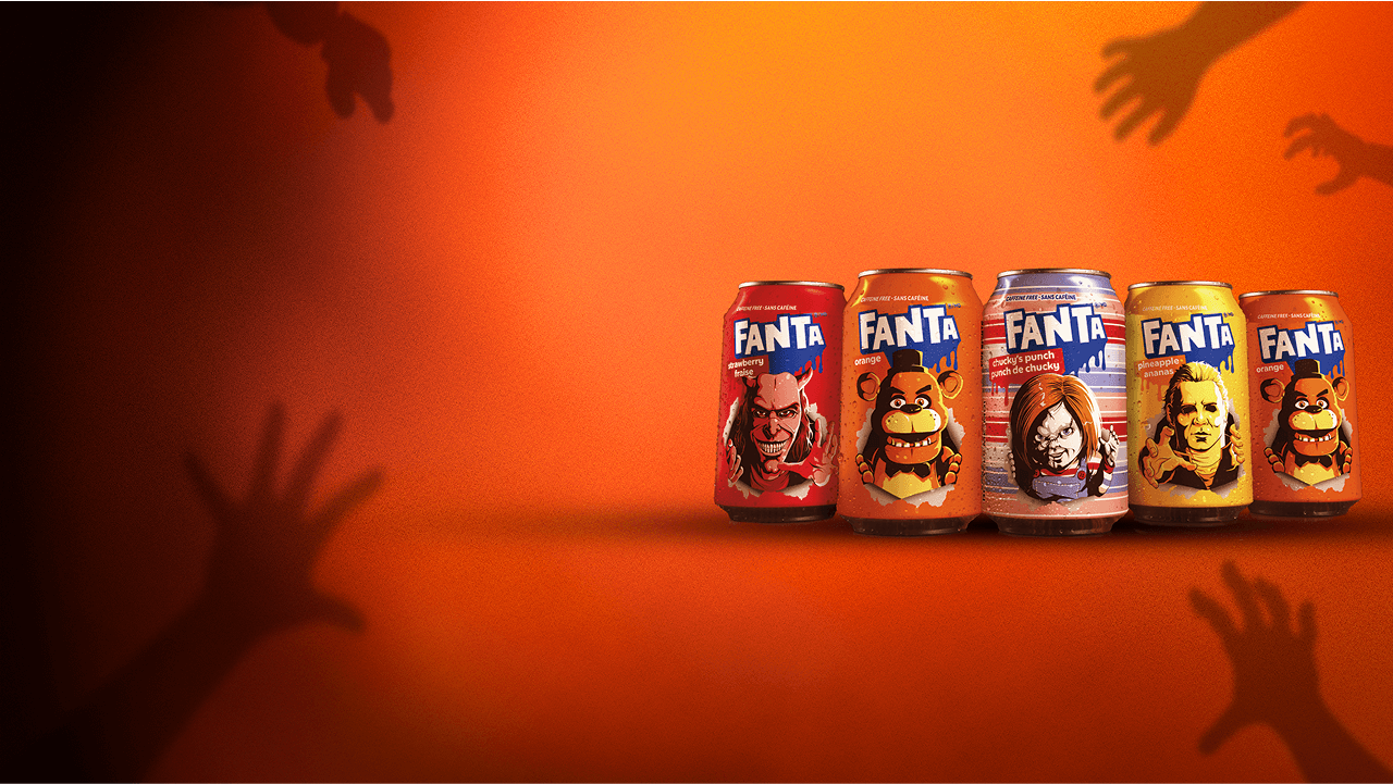 Set of Fanta cans with images of the characters Chucky, Freddy Fazbear, Mike Myer and The Grabber featured on them.