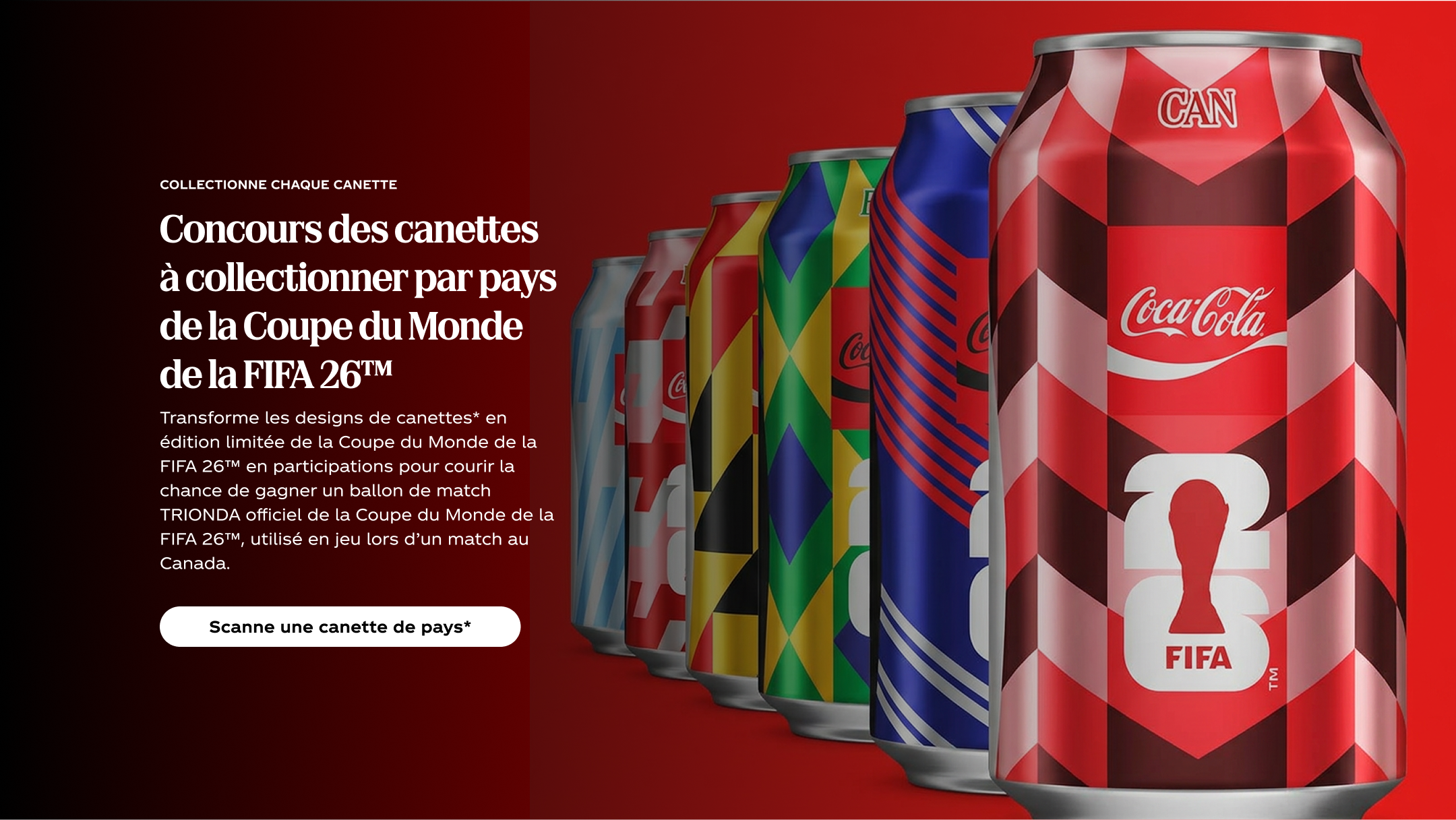 Canettes de collection Coca-Cola en édition limitée de la Coupe du Monde de la FIFA 2026 avec des motifs de drapeaux de pays.