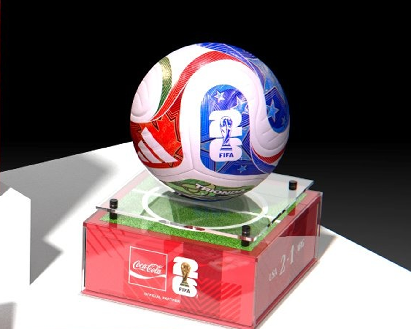 Ballon de soccer édition spéciale de la Coupe du Monde FIFA sur socle Coca‑Cola, éclairé sur fond noir dramatique.