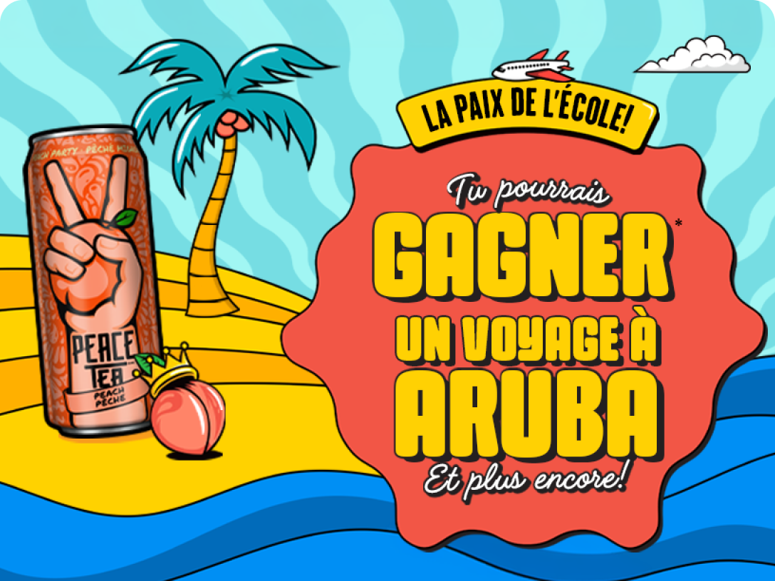 Une canette de Peace Tea Pêche sur une plage pour la promotion offrant la chance de gagner des vacances à Aruba.
