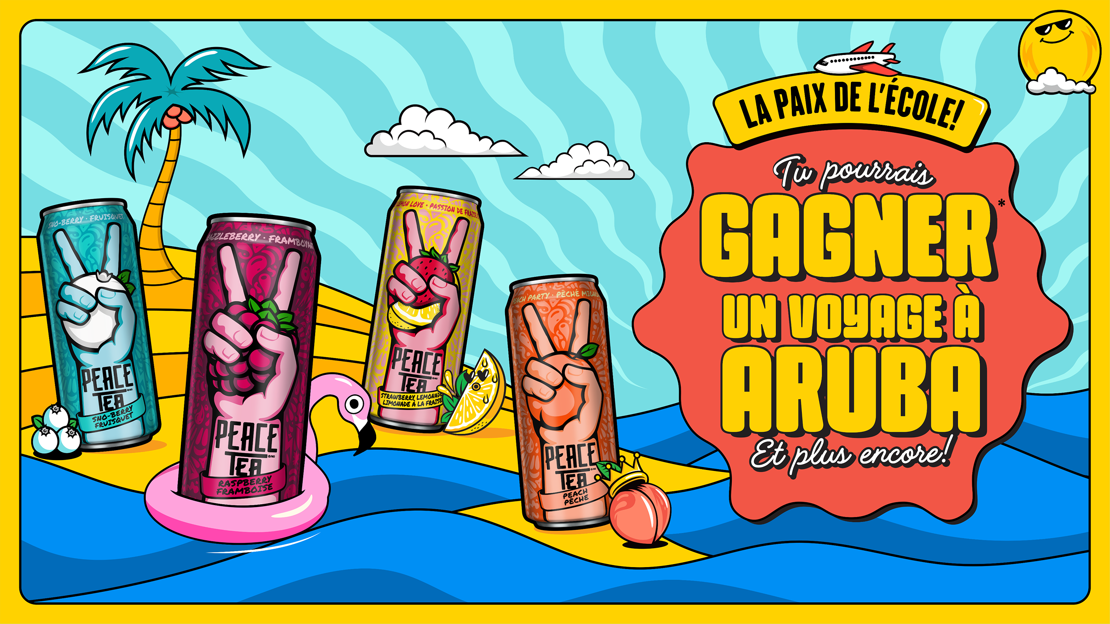 Quatre canettes de Peace Tea de saveurs variées sur une plage illustrée avec un palmier et un flamant rose.
