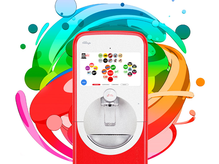 Une distributrice à écran tactile Coca-Cola Freestyle rouge et blanche affichant plusieurs icônes de saveurs de boissons, sur un arrière-plan tourbillonnant et coloré.