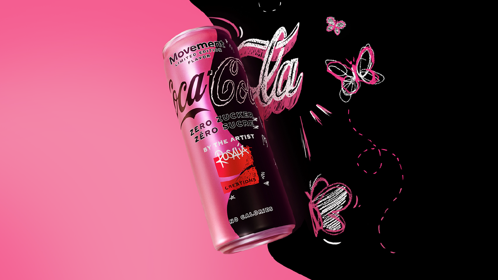 Canette de Coca-Cola Creations Move sur fond rose et noir.
