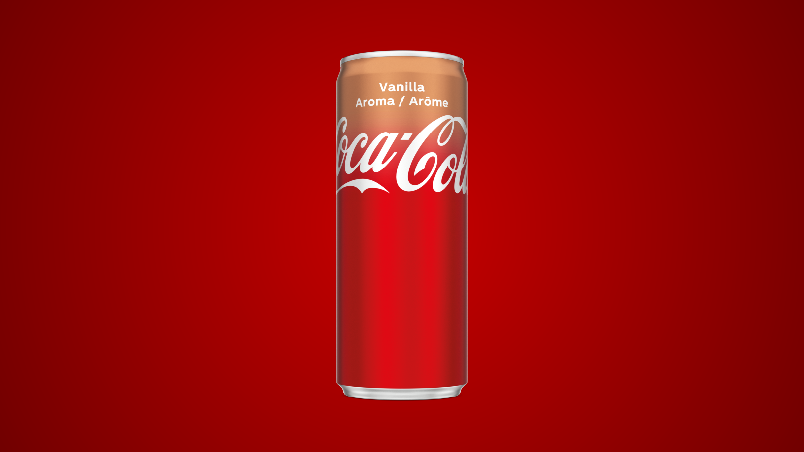 Canette de Coca-Cola Vanilla sur fond rouge.