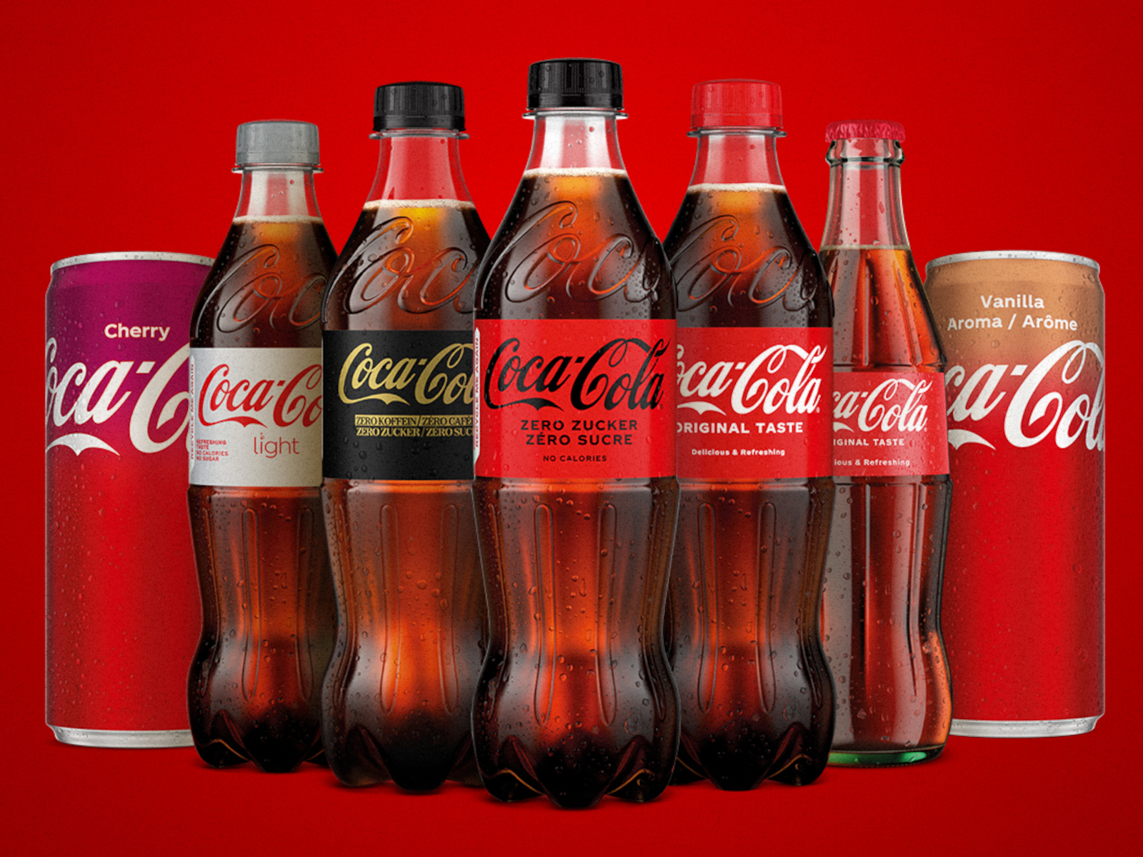 Aufreihung diverser in der Schweiz erhältlicher Coca-Cola Produkte