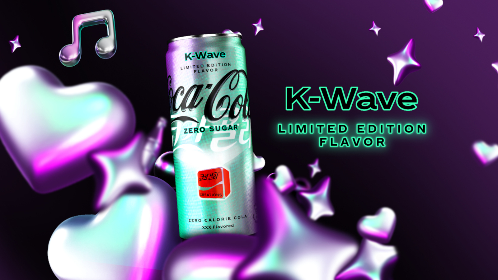 Canette de Coca-Cola Creations K-Wave sur fond violet, entourée d’icônes d’étoiles, de cœurs et de notes de musique.