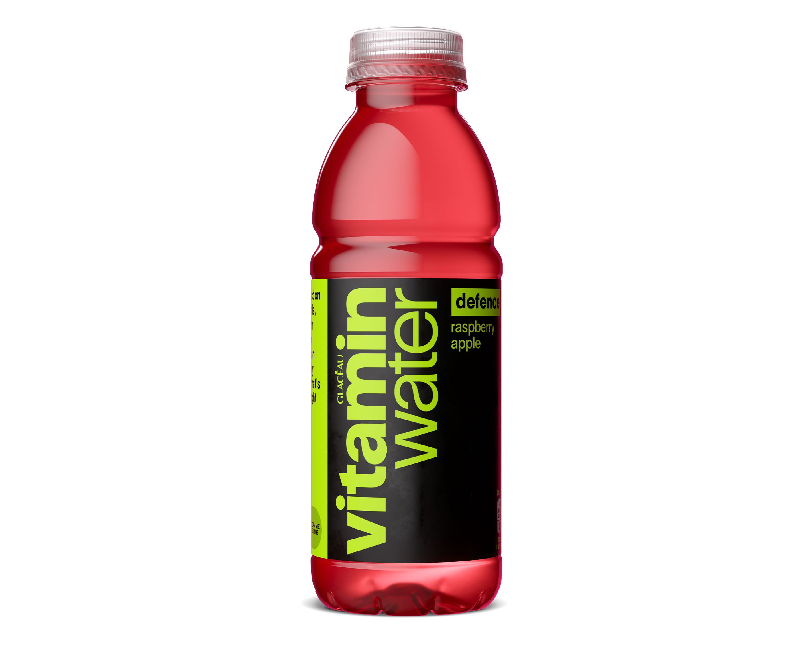 Eine Flasche Glacéau Vitaminwater in der Variante defence Himbeere Apfel.