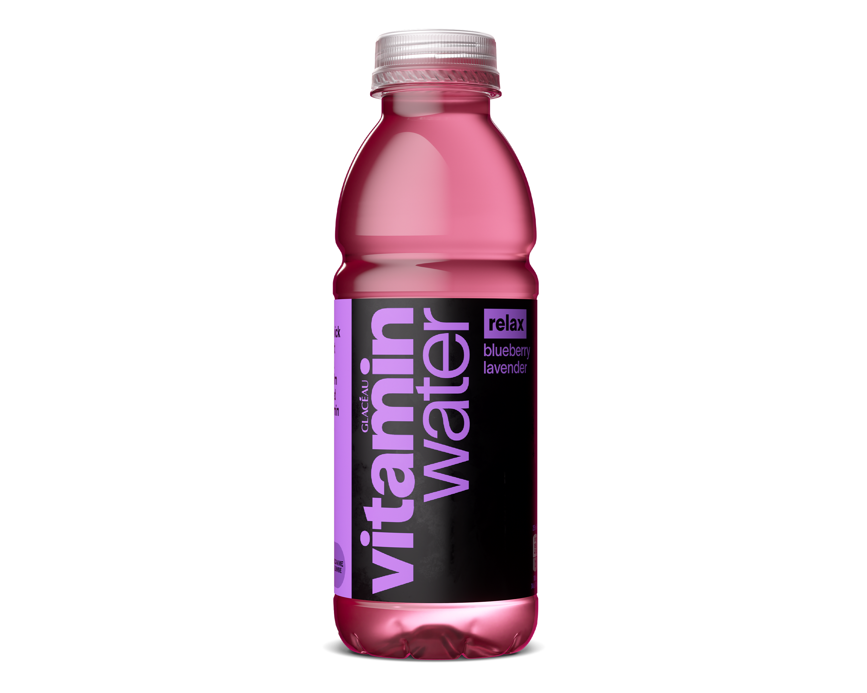 Eine Flasche Glacéau Vitaminwater in der Variante relax Heidelbeere Lavendel.