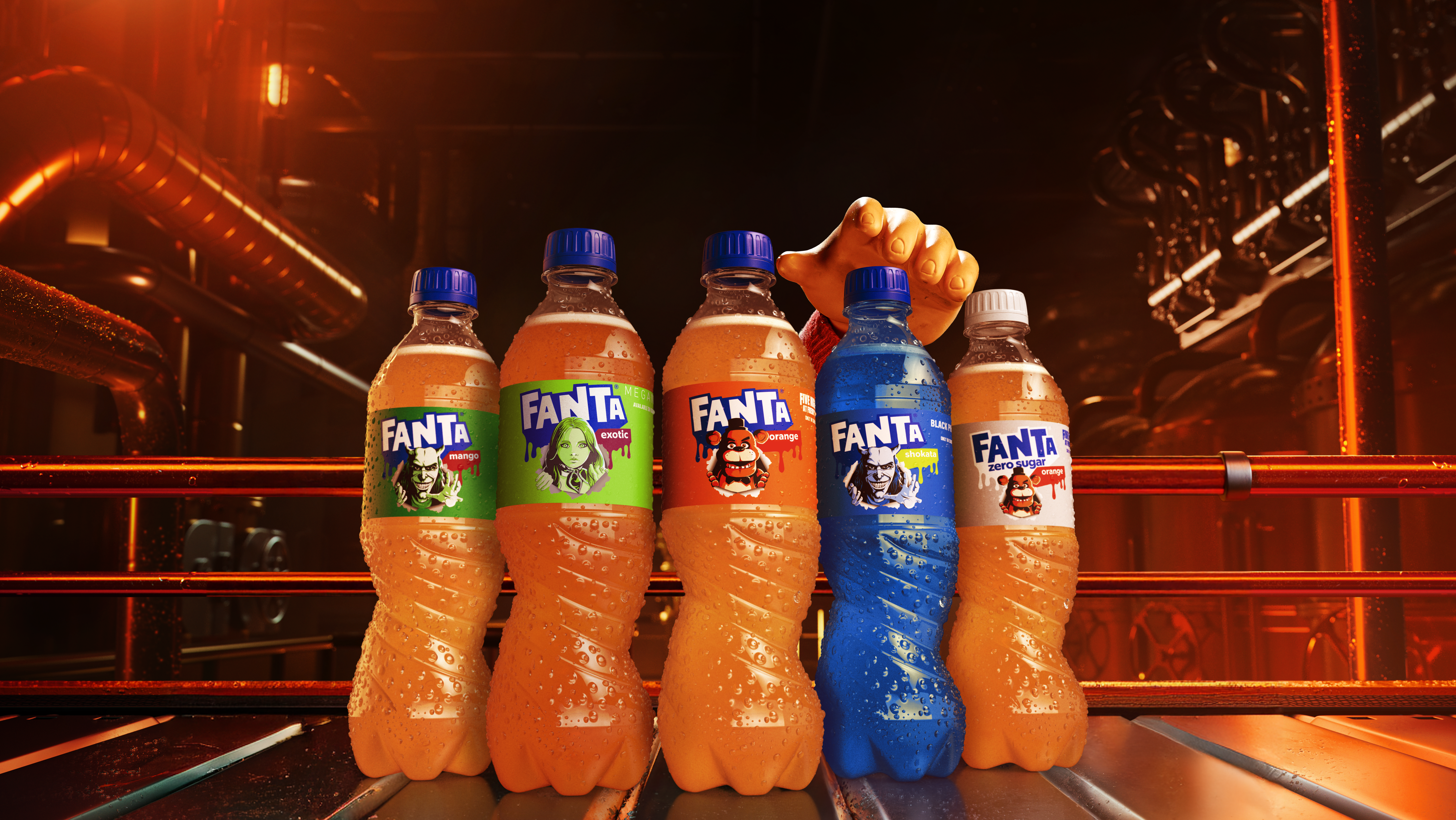 The hand of chucky from child's play reaching for the new chucky flavoured fanta can