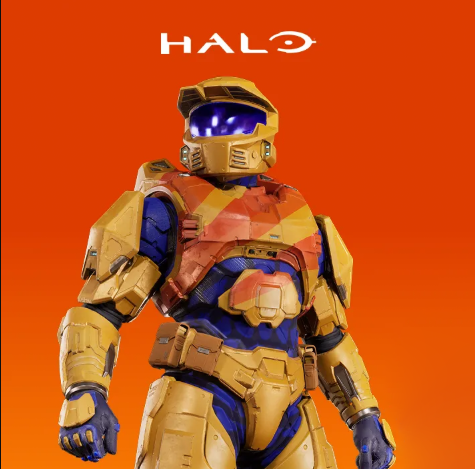 Der Master Chief in einer orangefarbenen Rüstung im Fanta-Look vor einem orangefarbenen Hintergrund mit einem Halo-Logo