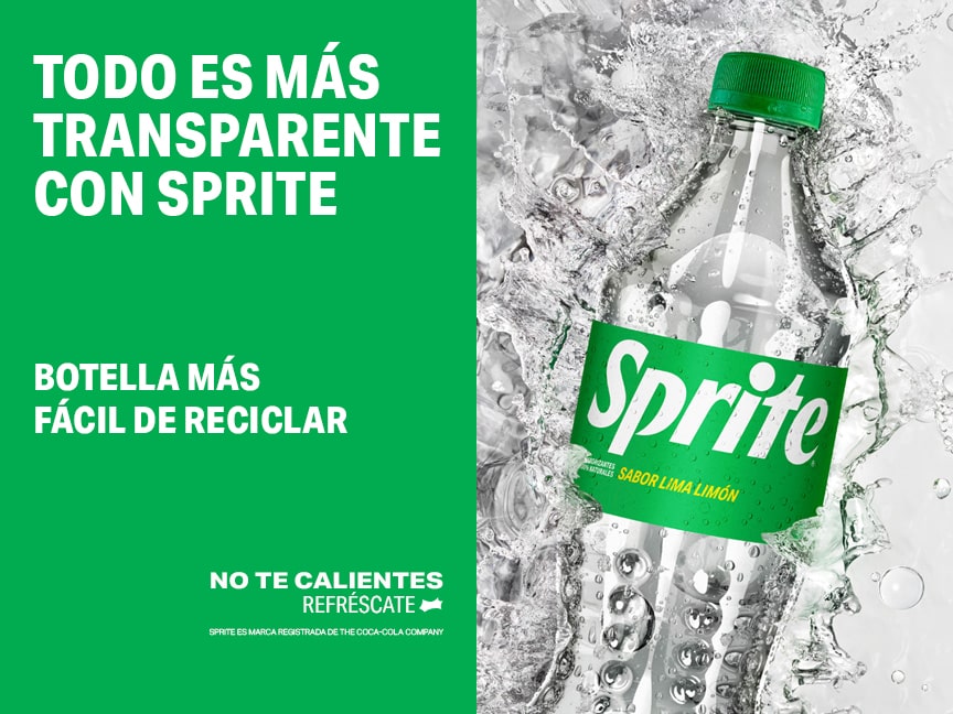 Nueva botella 500 cc Sprite sabor lima limón original sobre hielos. Texto: Botella más fácil de reciclar.