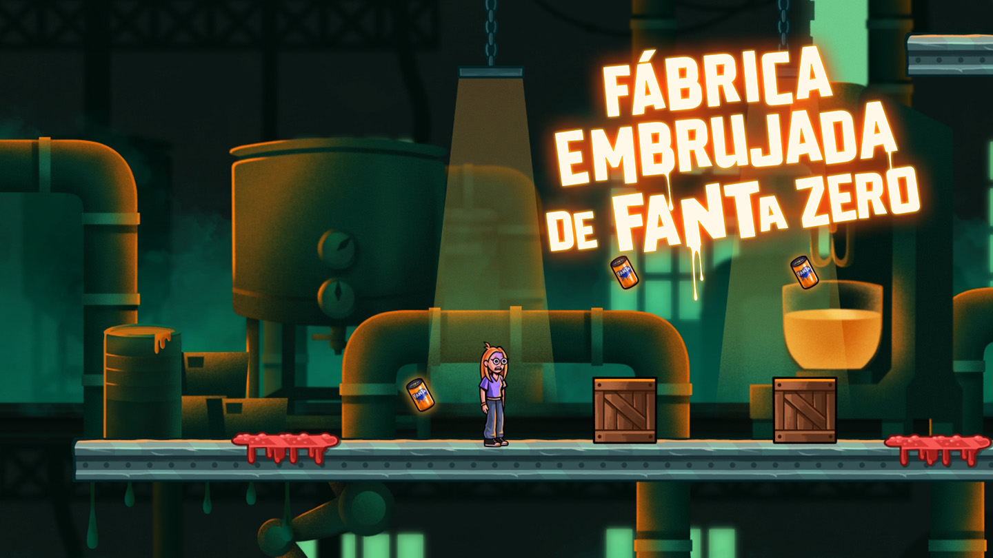 Fondo naranja, manos alzadas. Logo Fanta azul goteando. Deseo intenso, toque misterioso.