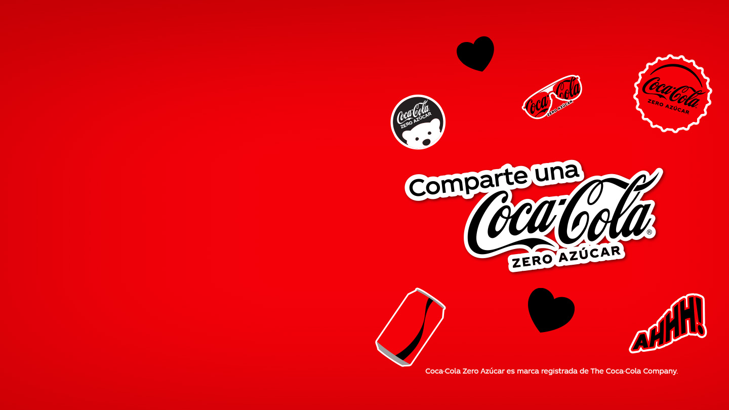 Texto "Comparte una Coca-Cola Zero Azúcar" sobre un fondo rojo con ilustraciones de la marca.