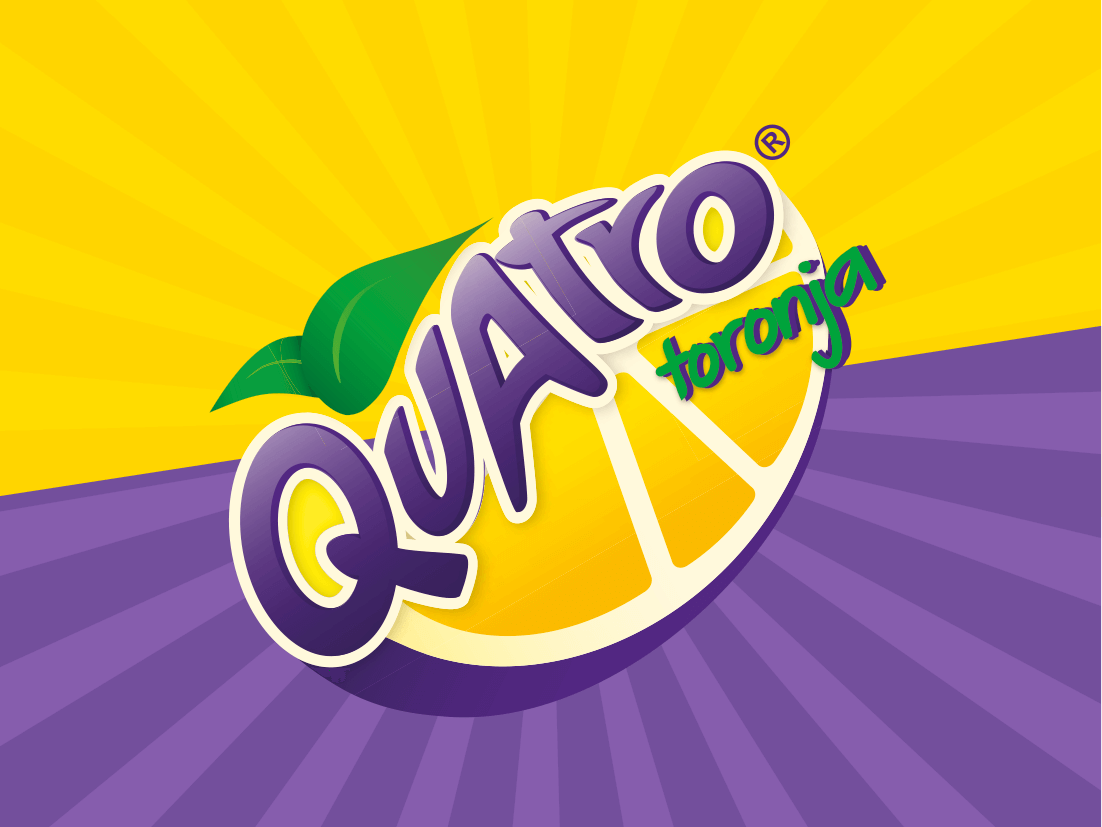 Logotipo de Quatro toronja: letras moradas "Quatro" sobre una rodaja de toronja amarilla, con una hoja verde y la palabra "toronja" en verde. Fondo amarillo y morado con rayos.
