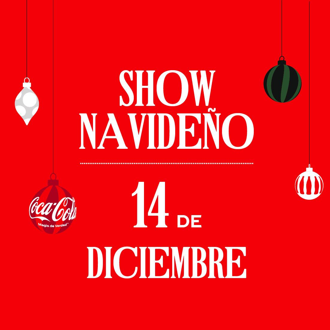 Tarjeta con fondo rojo con la inscripción show navideño 14 de Diciembre