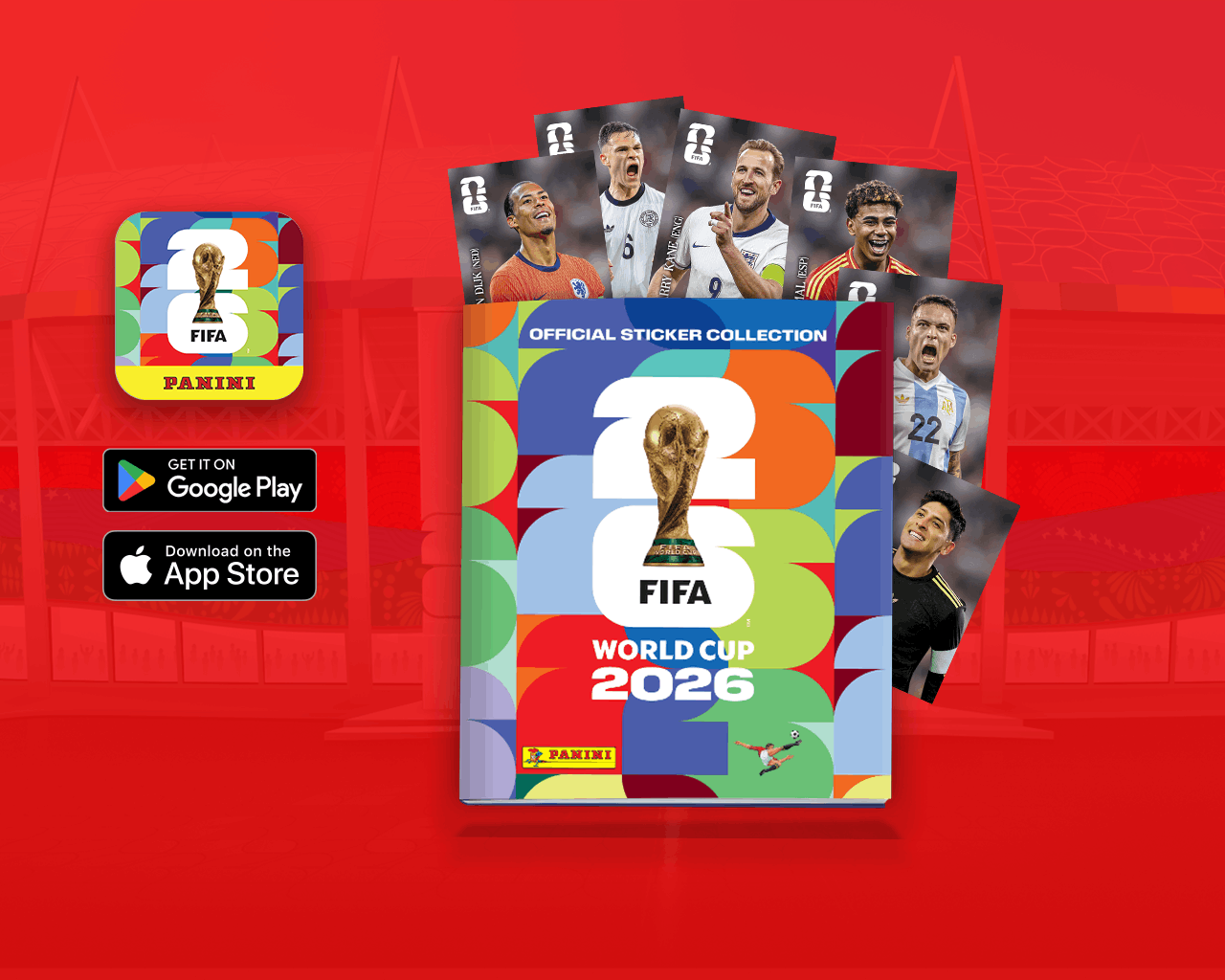  Álbum digital FIFA World Cup 2026™ junto a estampas de jugadores y logos de tiendas de aplicaciones.