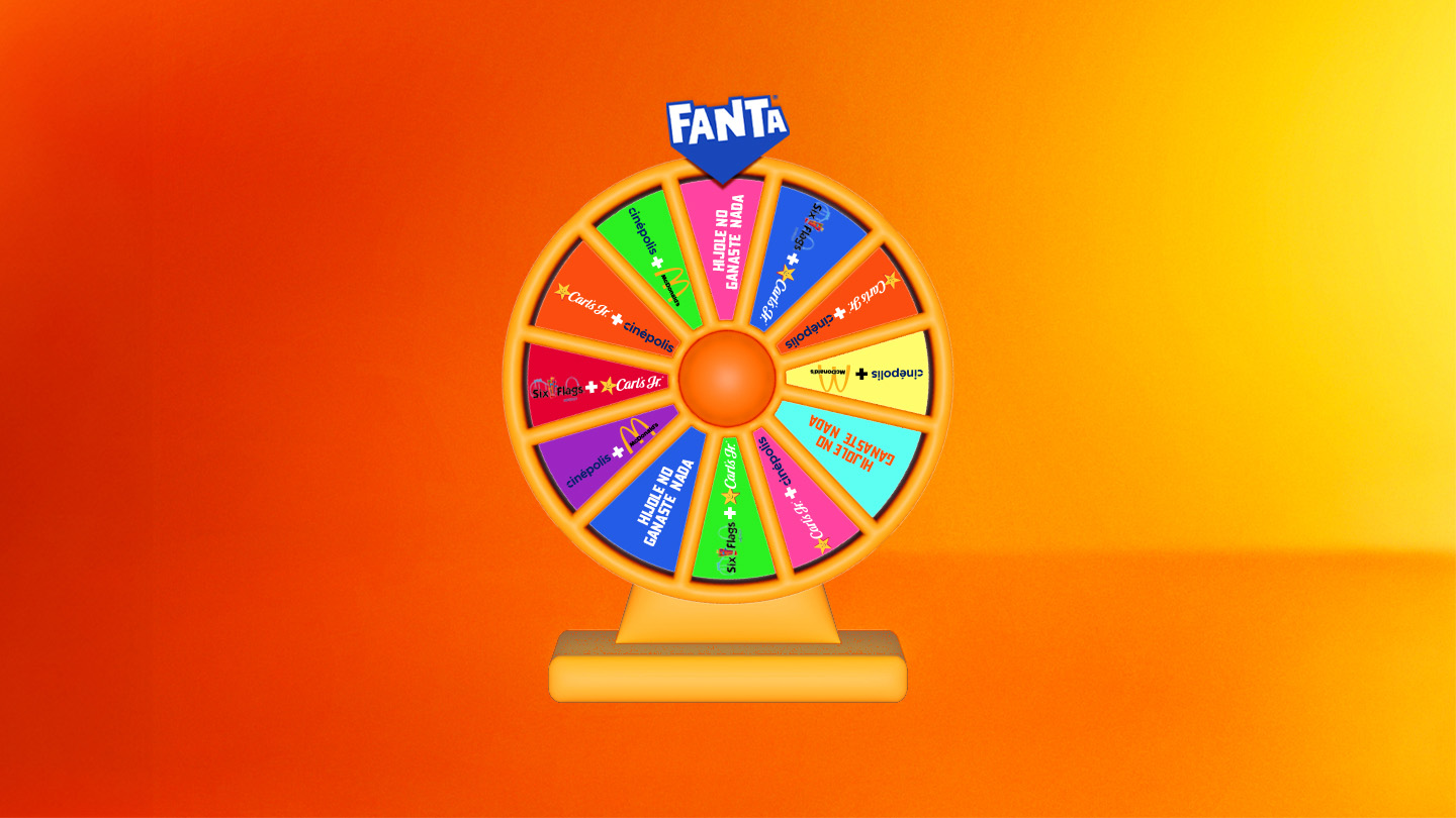 Ruleta "Gira y Gana" de fanta mostrando los diferentes premios otortables en un fondo naranja.
