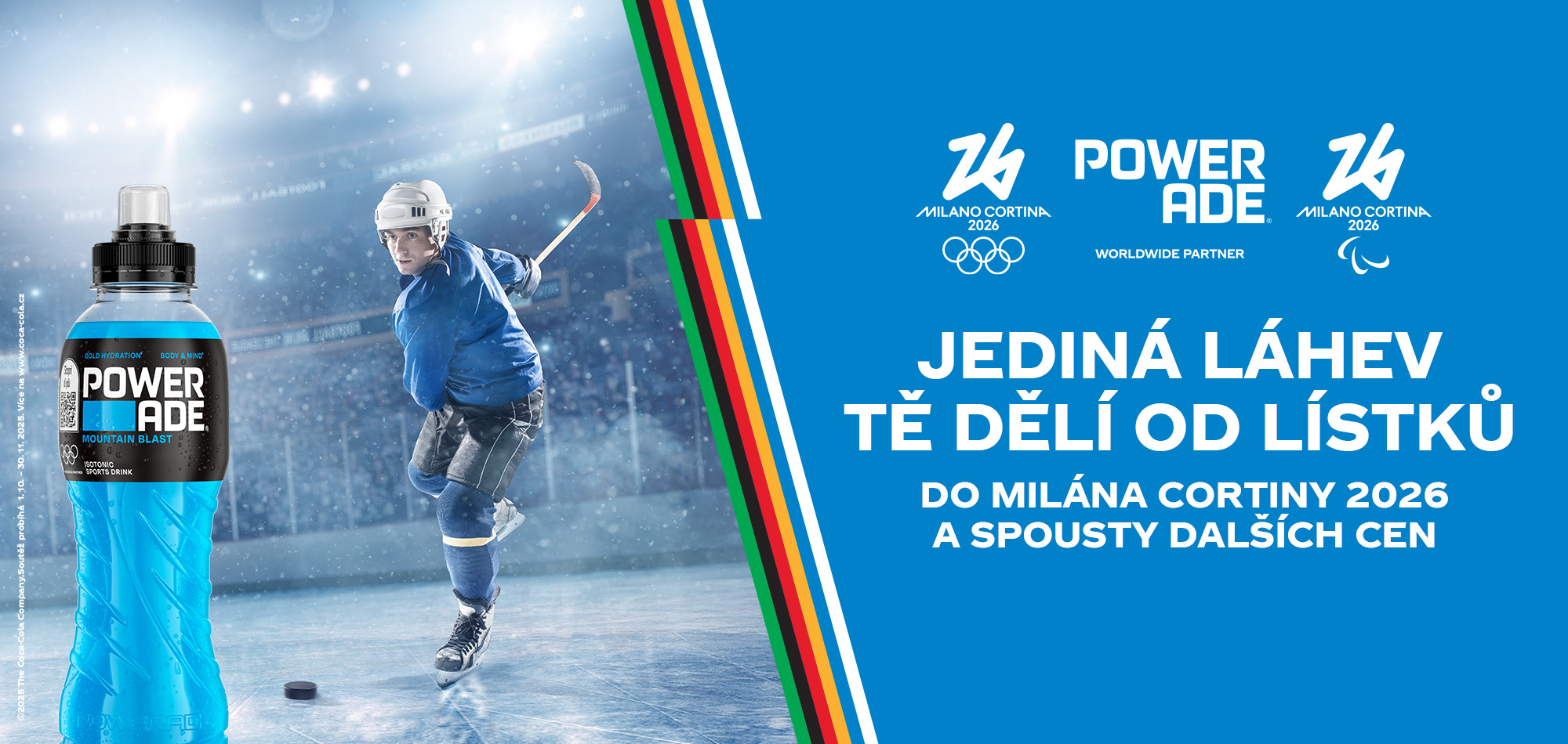 Hokejista na ledě s lahví Powerade, text o soutěži o lístky na Milano Cortina 2026 a další ceny.