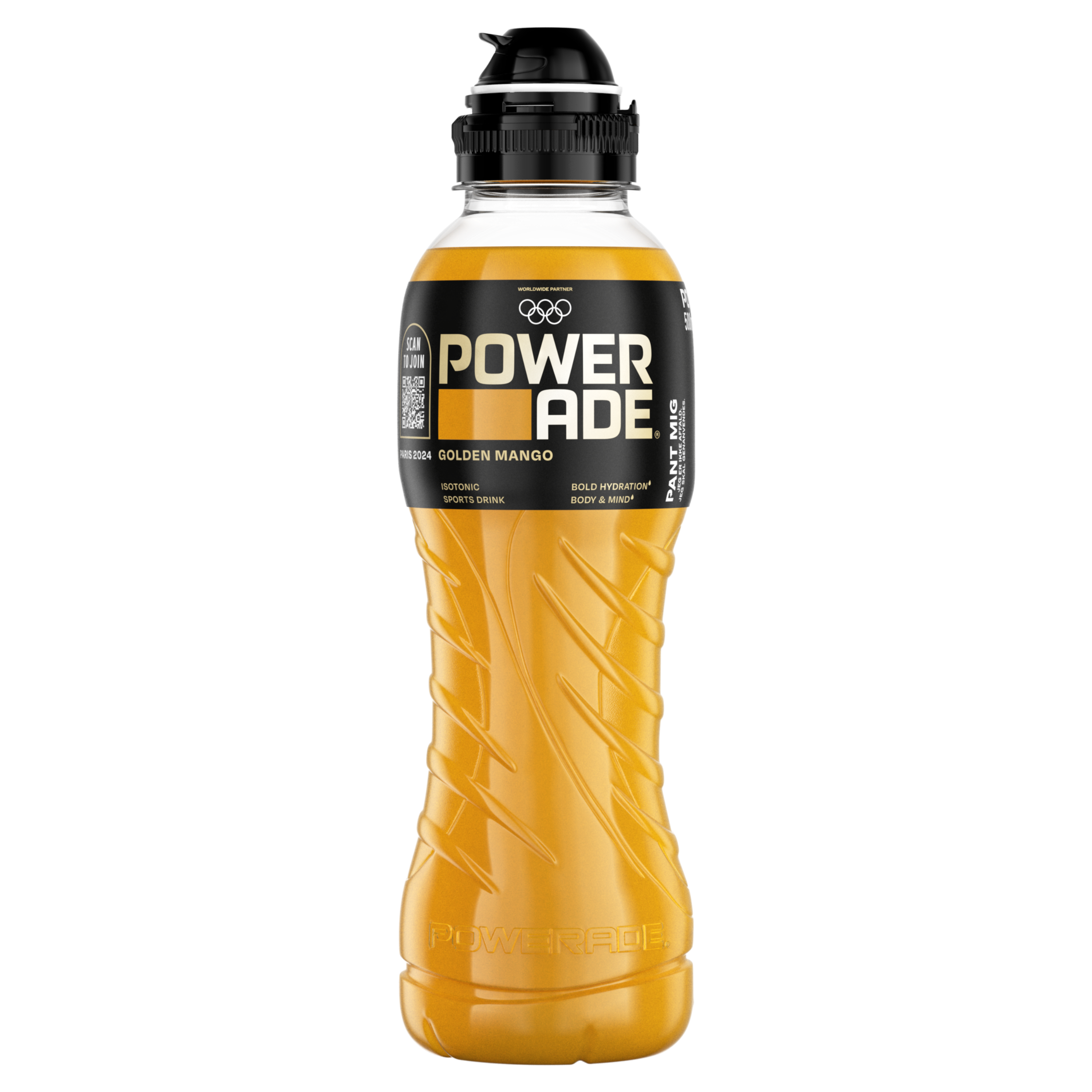 Powerade Mountain Blast-plastikflaske på hvid baggrund