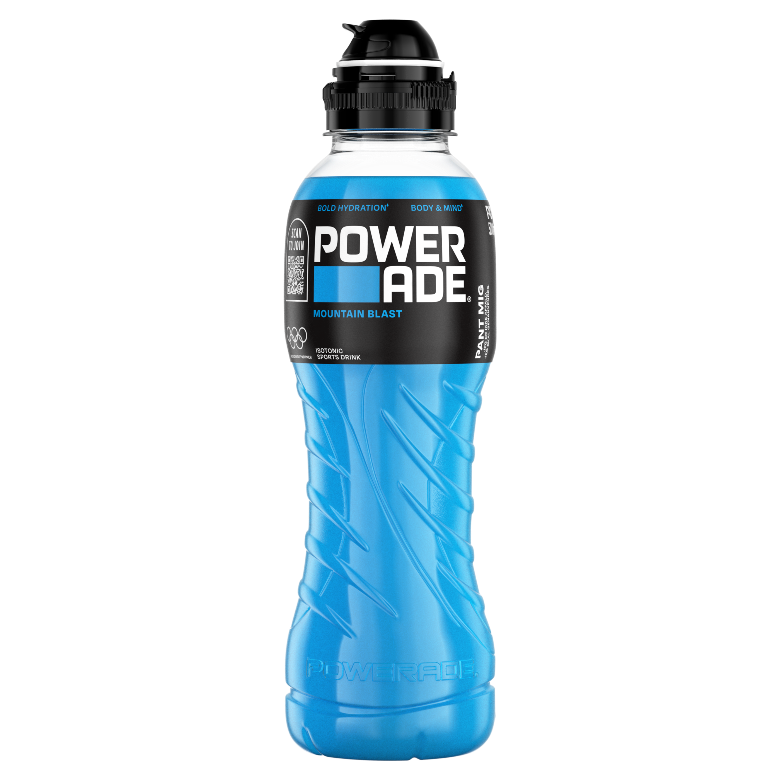 Powerade Mountain Blast-plastikflaske på hvid baggrund