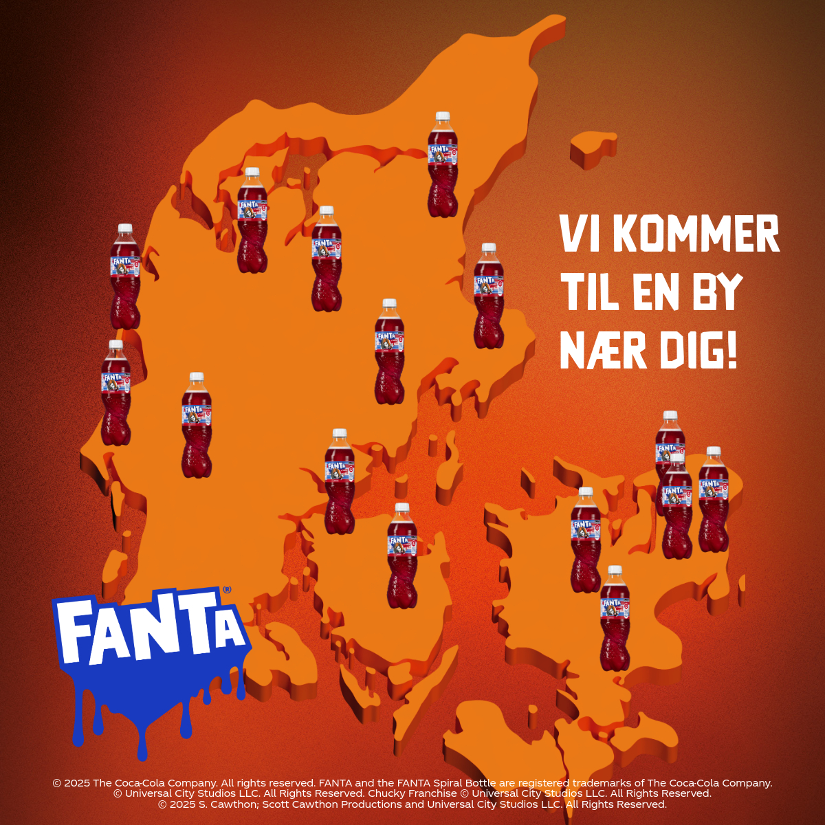 Fanta Halloween Truck Tour: Fanta-logo og flasker på dansk kort