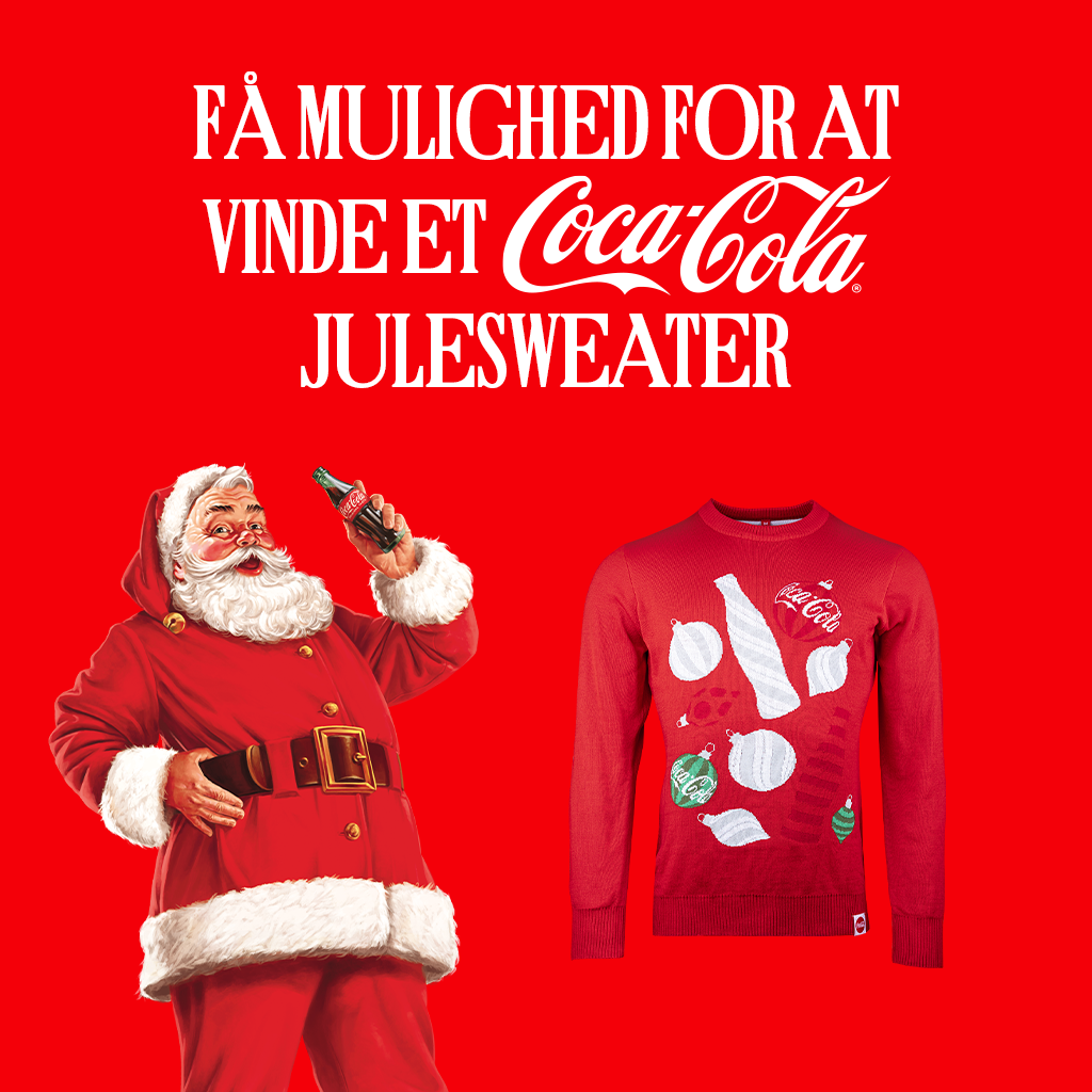 Illustration af julemanden iført rød dragt, der drikker Coca‑Cola, på en rød baggrund med polkaprikker.