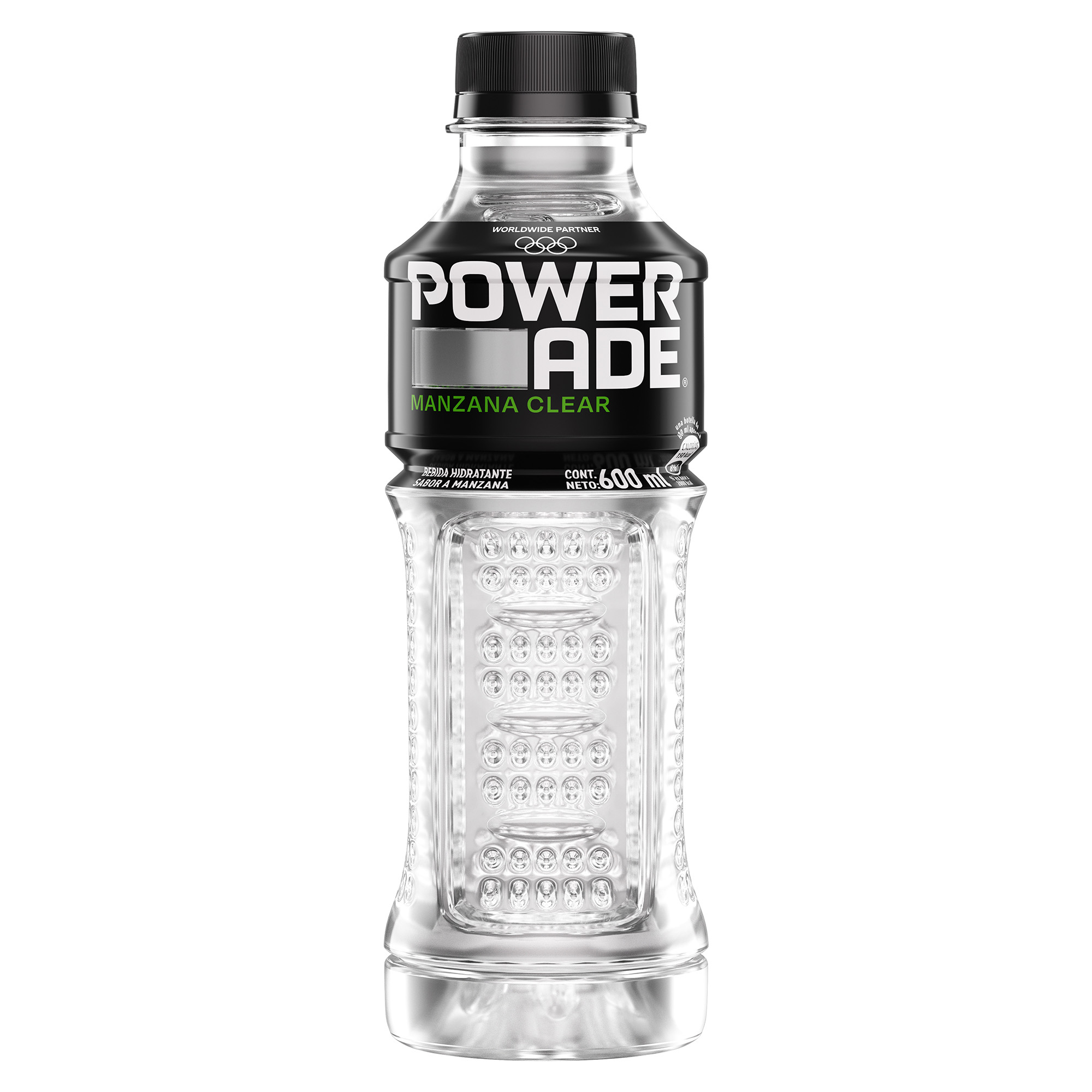 Botella Pet Powerade de 600ml sabor manzana clear.