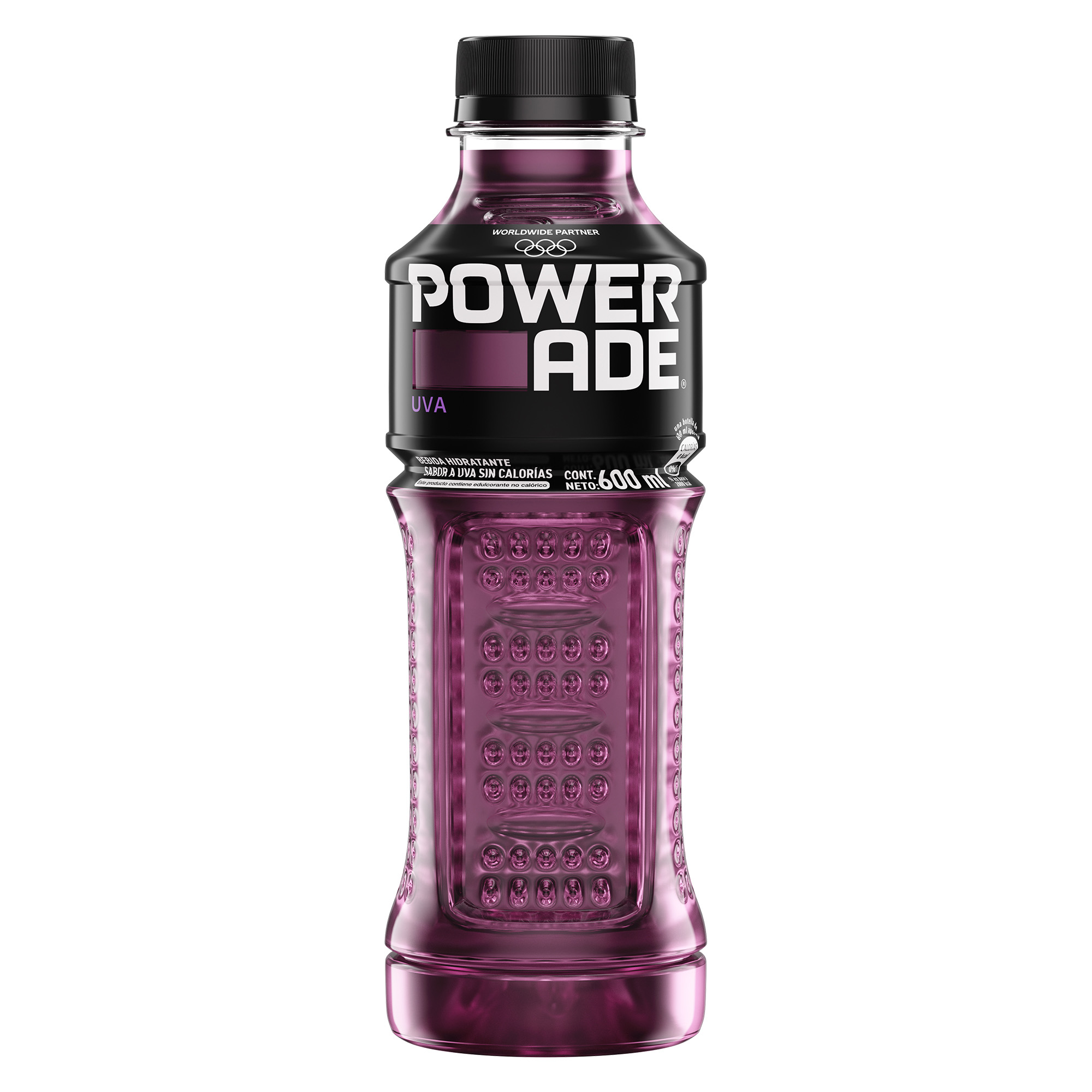 Botella Pet Powerade de 600ml sabor uva.