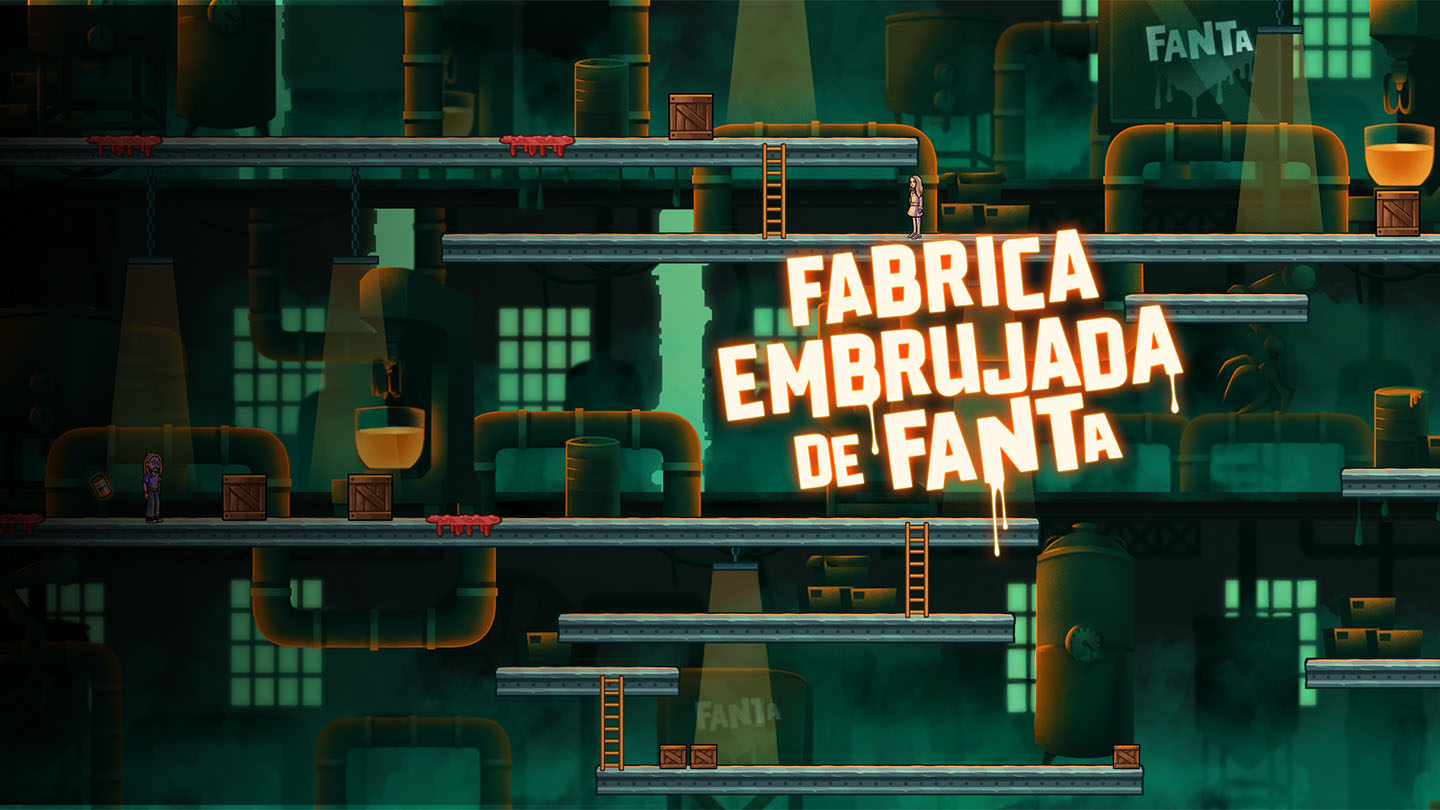 Fondo naranja, manos alzadas. Logo Fanta azul goteando. Deseo intenso, toque misterioso.