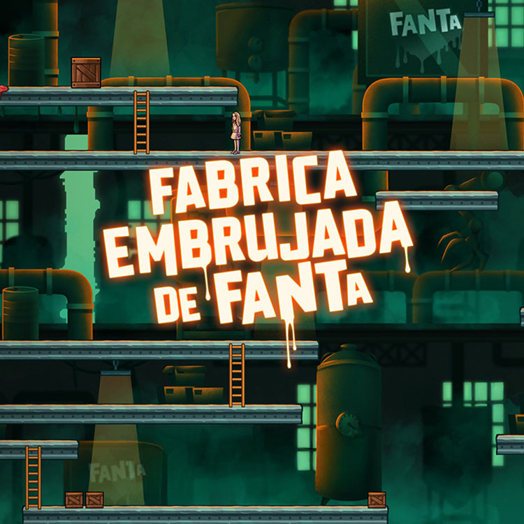 Fondo naranja, manos alzadas. Logo Fanta azul goteando. Deseo intenso, toque misterioso.