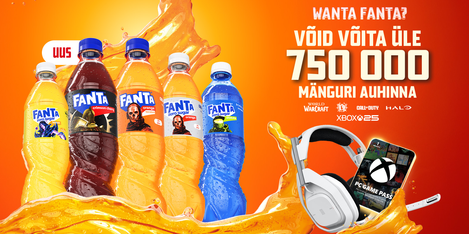 Oranž reklaambänner Fanta pudelitega ja tekstiga „Võida üle 750 000 auhinna“, kõrval kujutatud mängukõrvaklapid ja mängupult.