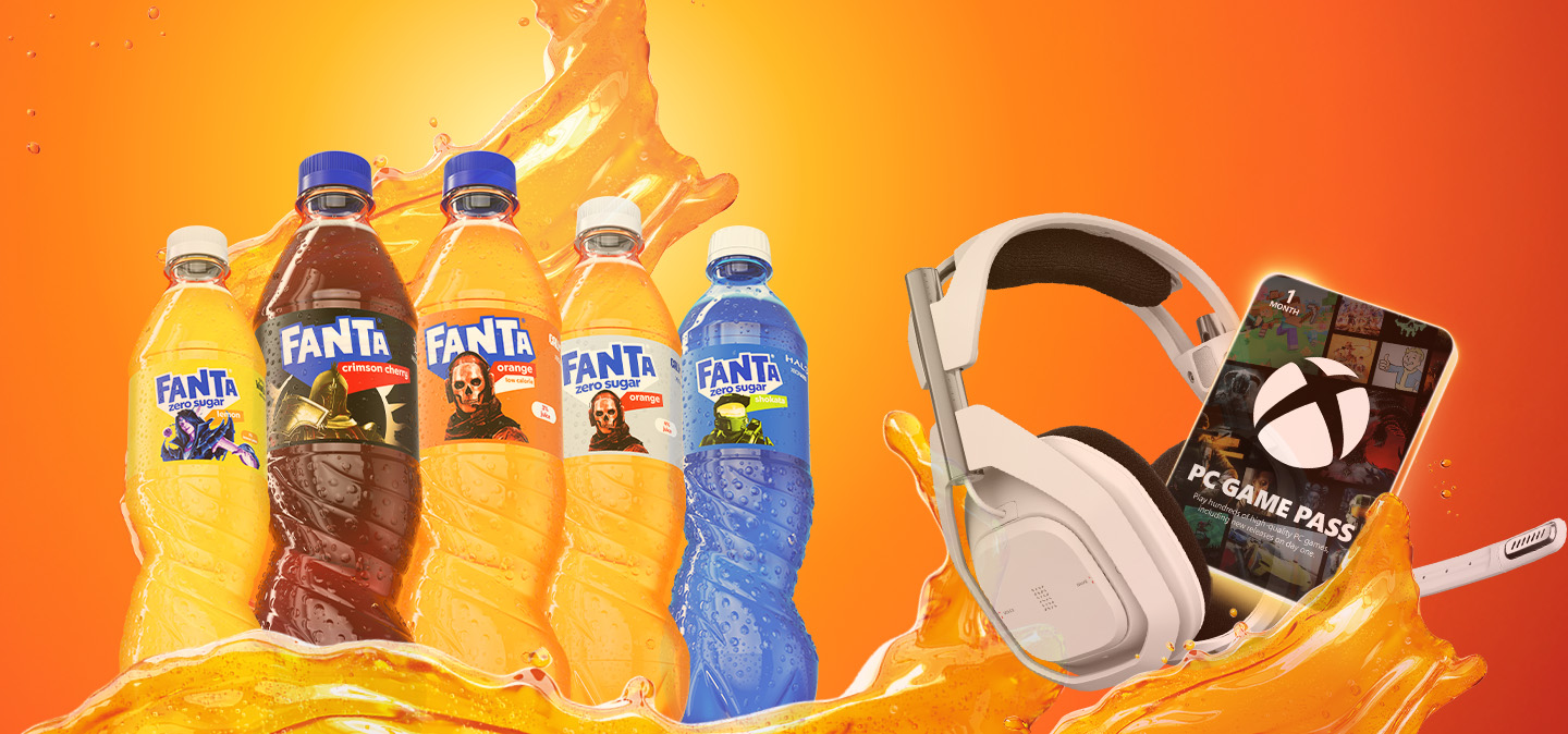 Fanta joogid ja auhinnad oranžil taustal.