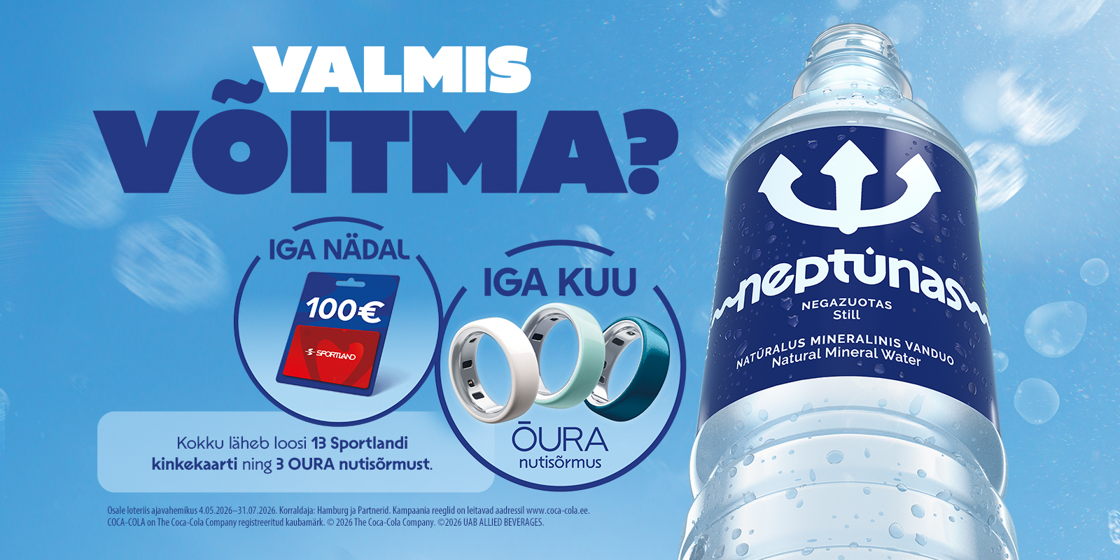 Reklaam Neptūnas mineraalveele, auhindade loosimine iga nädal ja kuu.