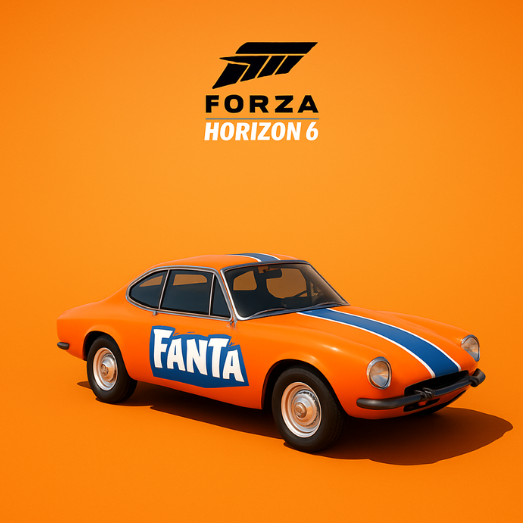 En orange bil parkeret på en strandparkeringsplads med døren åben, under et Forza Horizon 6‑logo