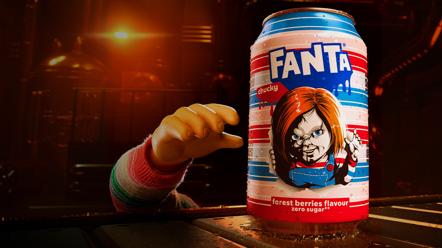 Chucky's hand grabbing a limited edition Fanta Halloween can