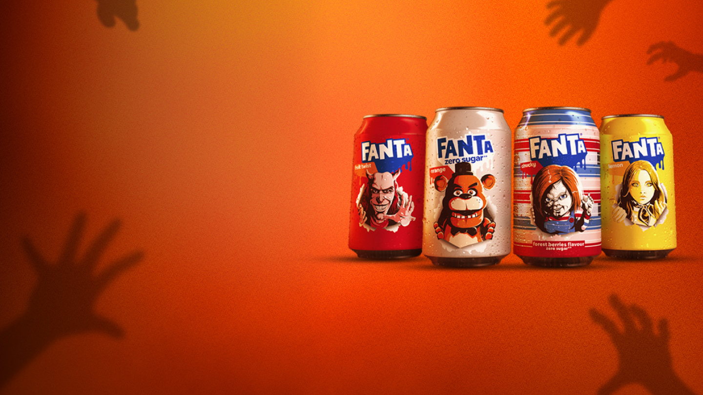 Set of Fanta cans with images of the characters Chucky, M3gan, Freddy Fazbear and The Grabber featured on them.