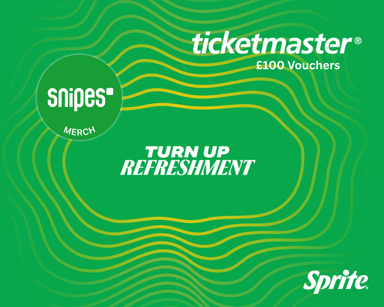 ticketmaster, snipes and sprite logo on green background