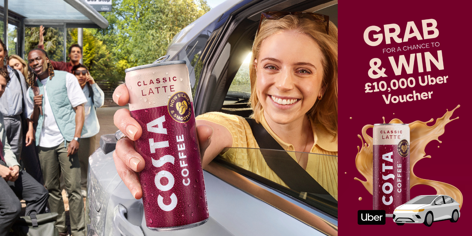 woman in car holding costa coffee ready to drink can out of car window