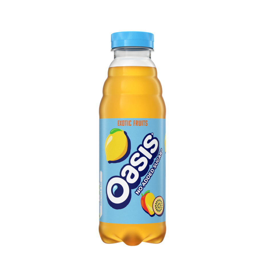 Oasis Exotic Fruits Zero bottle on white background.