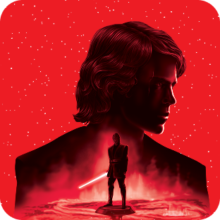 Anakin Skywalker, avec en surimpression sa silhouette tenant un sabre laser rouge, debout sur un sol embrasé, sur fond rouge étoilé.