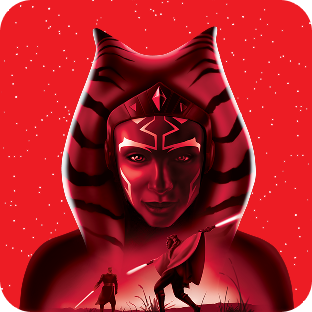 Ahsoka Tano avec ses montrals et lekkus distinctifs, brandissant deux sabres laser blancs, face à un adversaire.