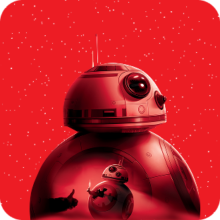 Droïde sphérique BB-8, avec en surimpression une scène de lui roulant sur le sable, sur fond rouge étoilé.