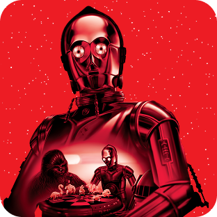 C-3PO aux côtés de Chewbacca, tous deux assis à une table en train de regarder des hologrammes, sur fond rouge étoilé.